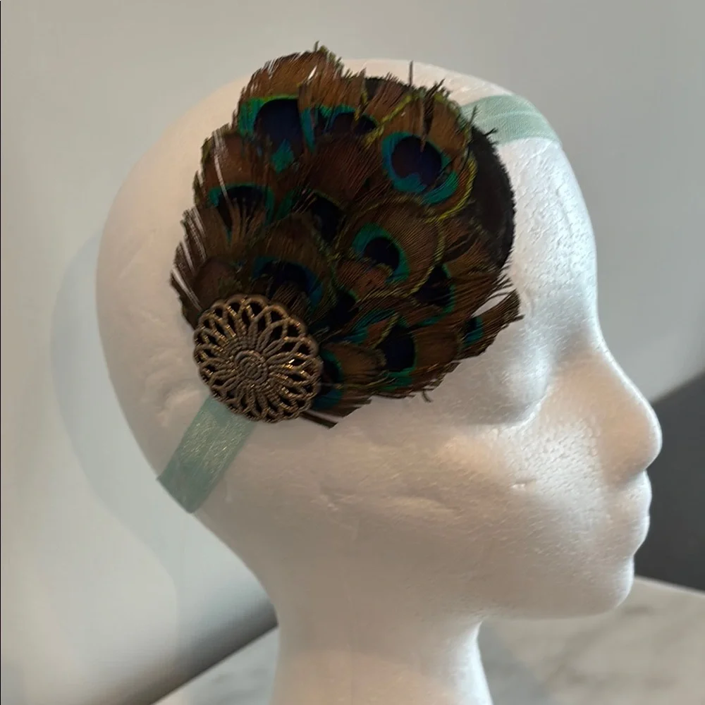 Brown and Green Hair Accessory with Peacock Feathers